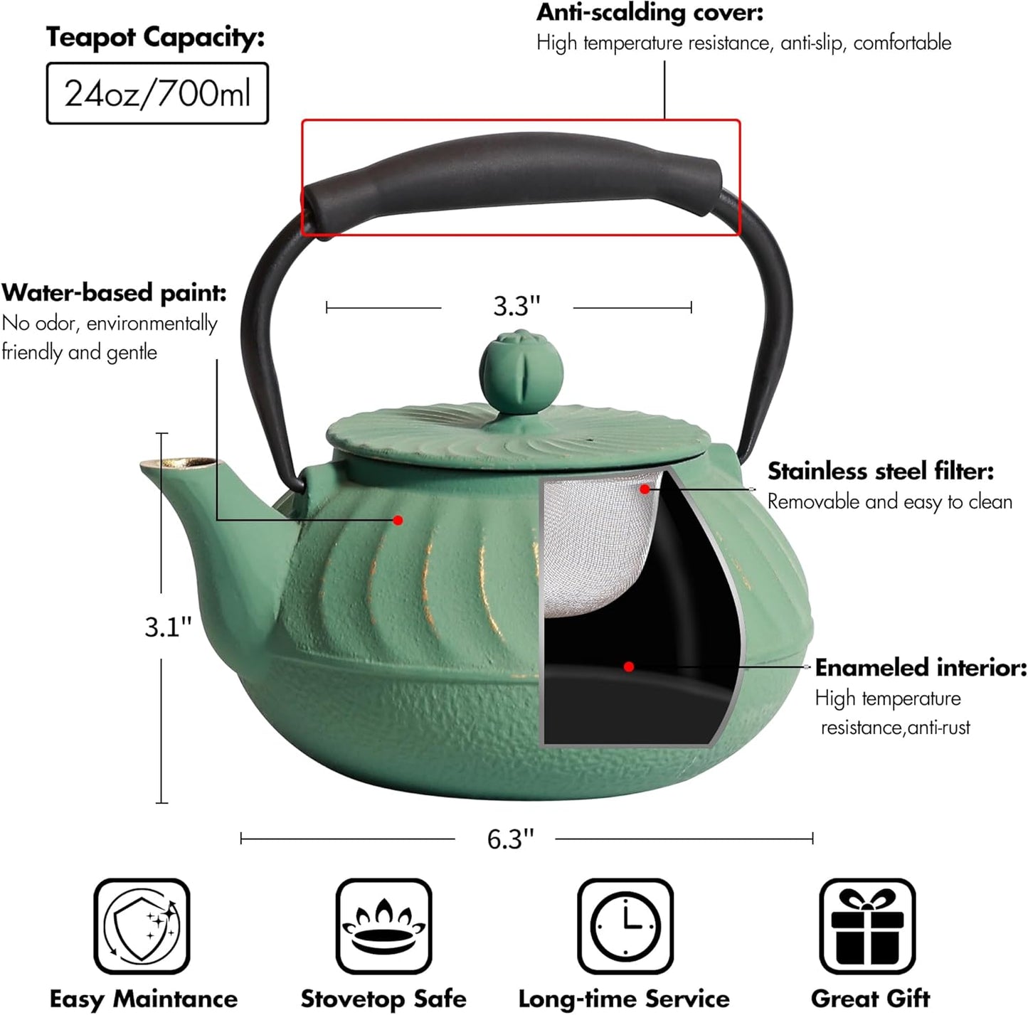 24oz Small Cast Iron Teapot with Infuser, Stovetop Safe Tea Kettle for Tea Coffee, Japanese Conch Shell Pattern, Enameled Interior - Silicone Handle - 700ml Green