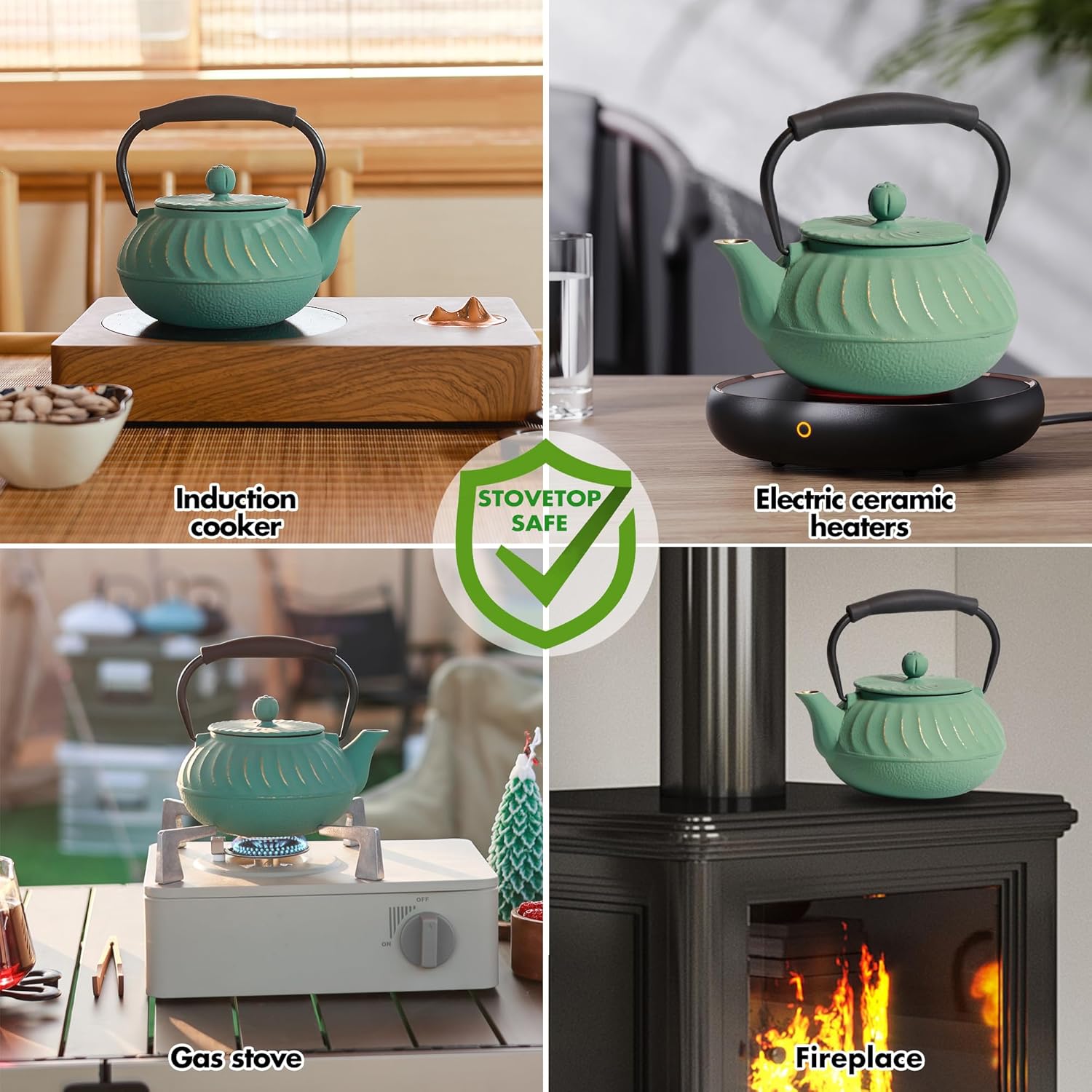 24oz Small Cast Iron Teapot with Infuser, Stovetop Safe Tea Kettle for Tea Coffee, Japanese Conch Shell Pattern, Enameled Interior - Silicone Handle - 700ml Green