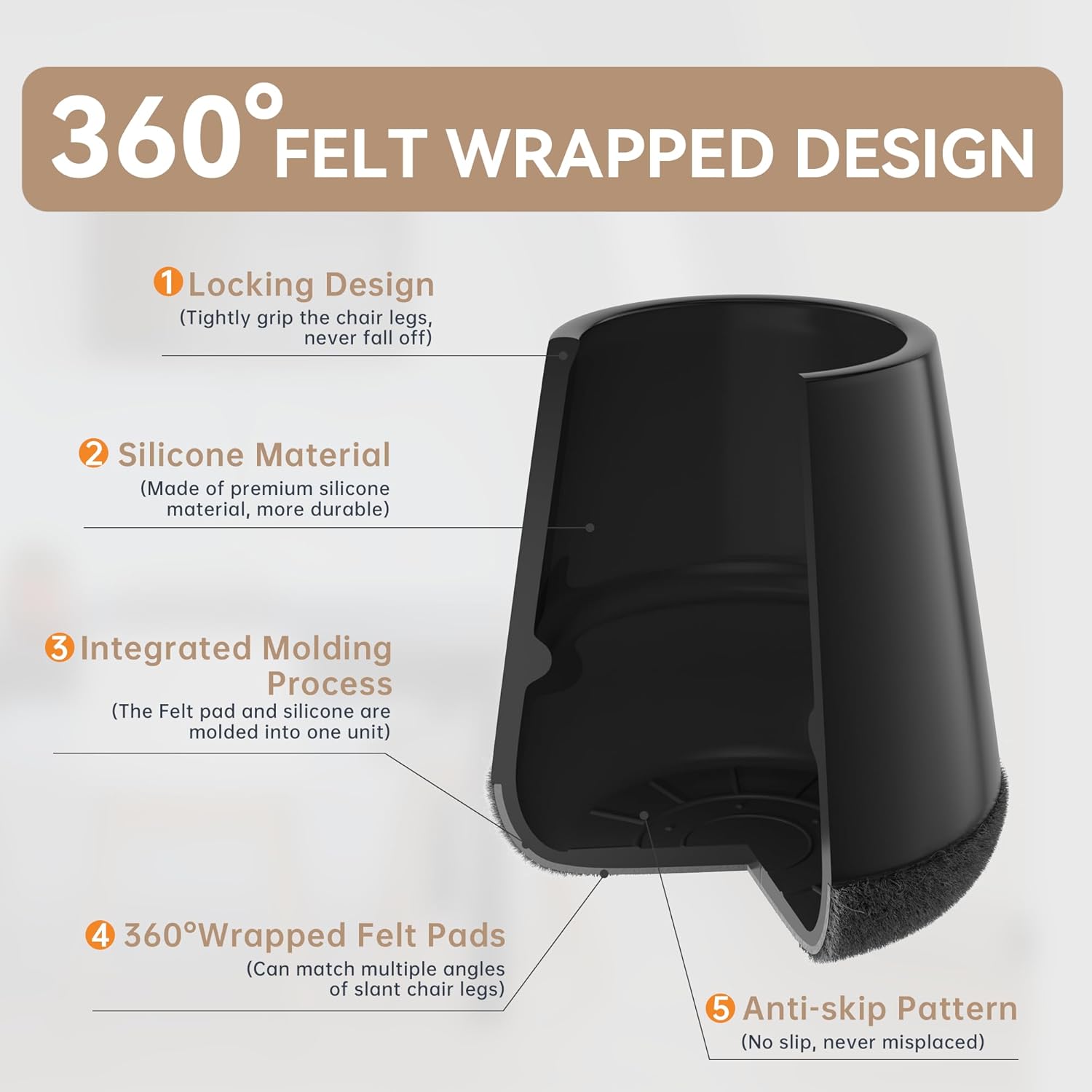 24PCS Upgraded Silicone Chair Leg Floor Protectors for Hardwood Floors - Furniture Sliders with 360°Felt Pad Bottom and Thickening Caps for Scratch and Noise Reduction