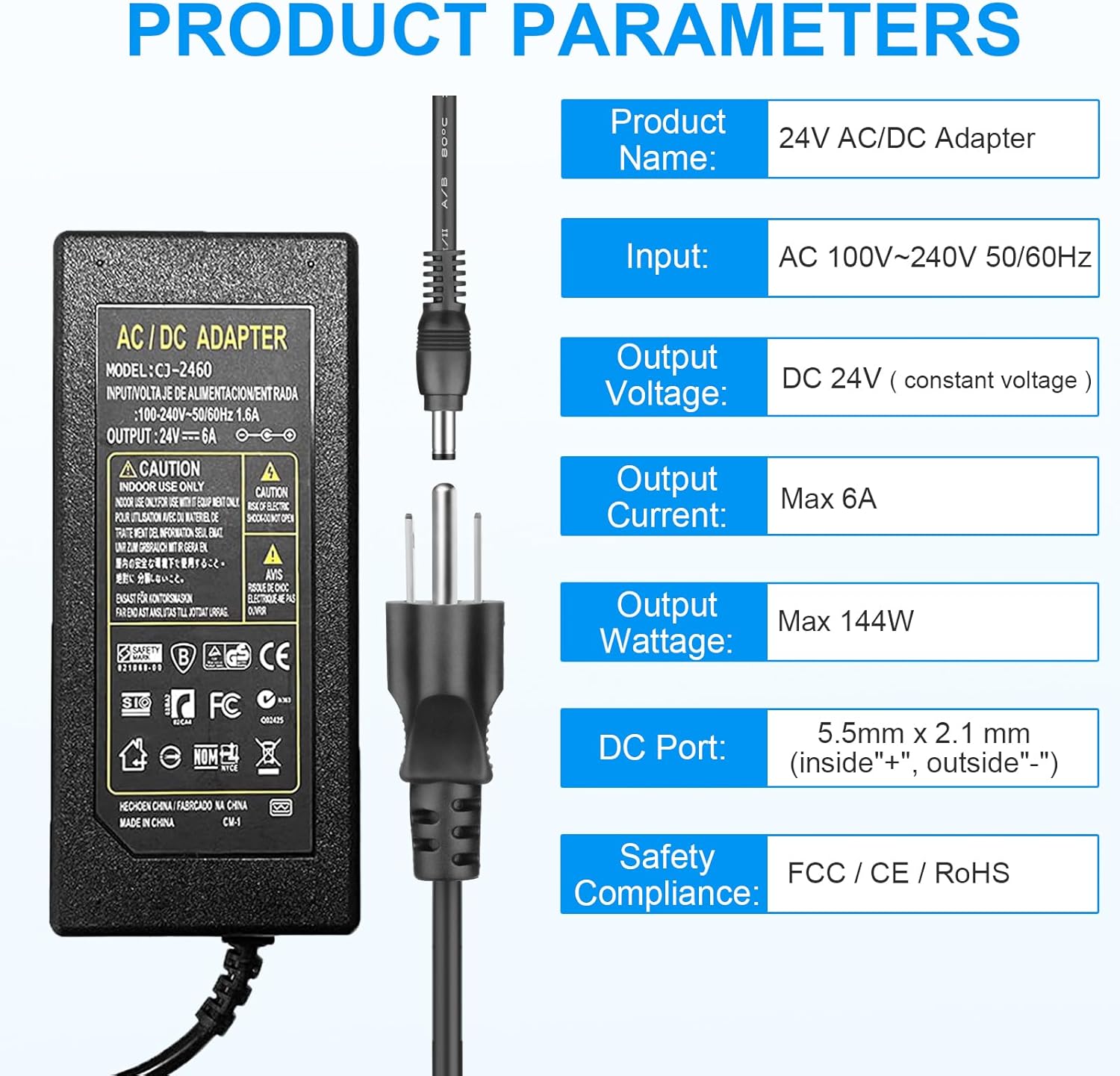 24V 6A LED Power Supply Adapter with 5.5x2.1mm Jack - AC to DC Converter for Various Devices