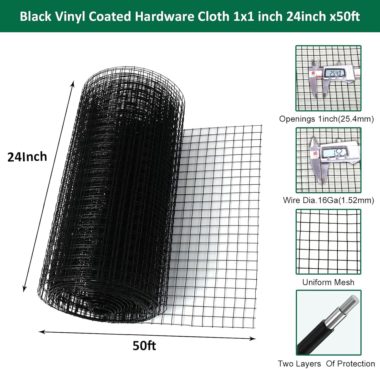24x50 ft 1x1 Inch Black PVC Coated Hardware Cloth, 16 Ga Chicken Wire Mesh Fencing for Garden and Rabbit Fence - WildKart