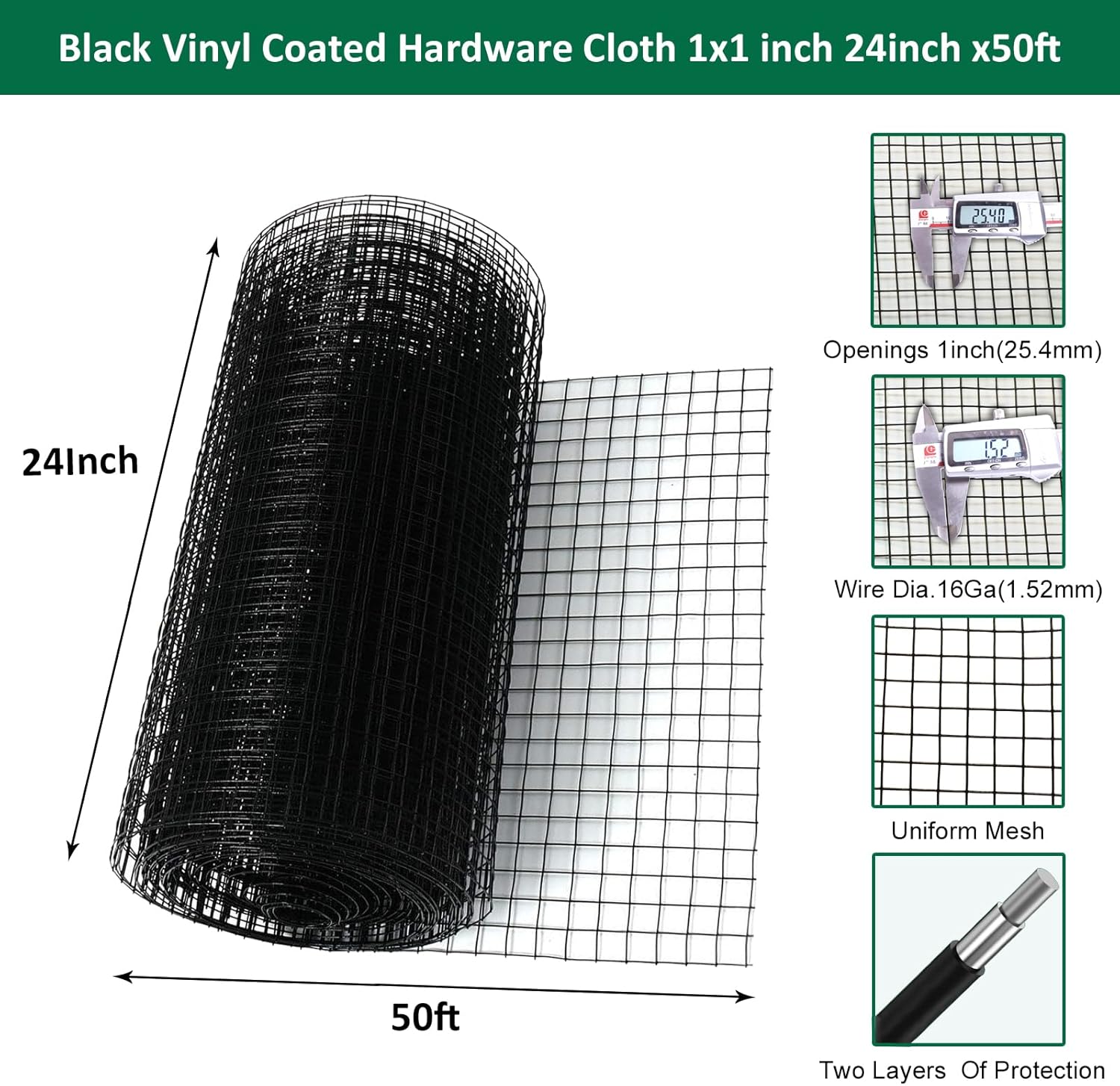 24x50 ft 1x1 Inch Black PVC Coated Hardware Cloth, 16 Ga Chicken Wire Mesh Fencing for Garden and Rabbit Fence - WildKart