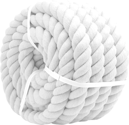 25 Feet White Cotton Rope for Hanging Swing Decoration and Nautical Crafts - 1 Inch Thick Natural Cotton Rope for Kids' Tug of War
