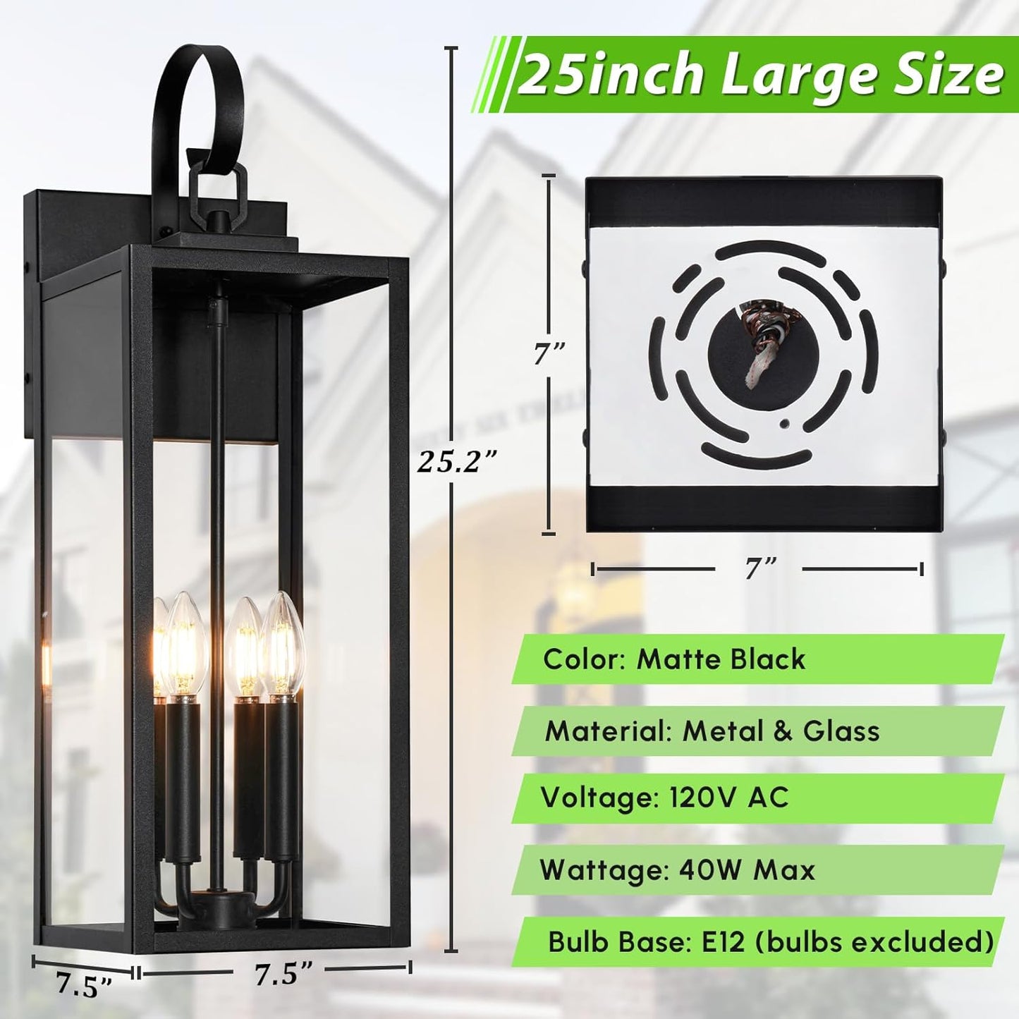 25" Outdoor Wall Light Fixture - 4-Light Extra Large Exterior Lantern for Porch, Front Door, Garage - Waterproof Black Wall Mount Sconce
