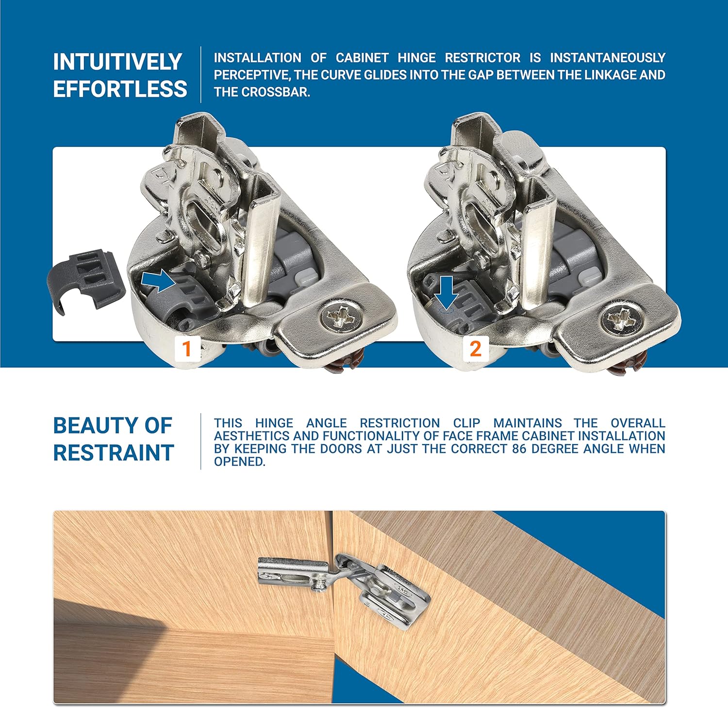 25 Pack Angle Restrictor Clips for DTC Face Frame Hinges - 86 Degree Restriction Clips for Kitchen Cabinet Doors