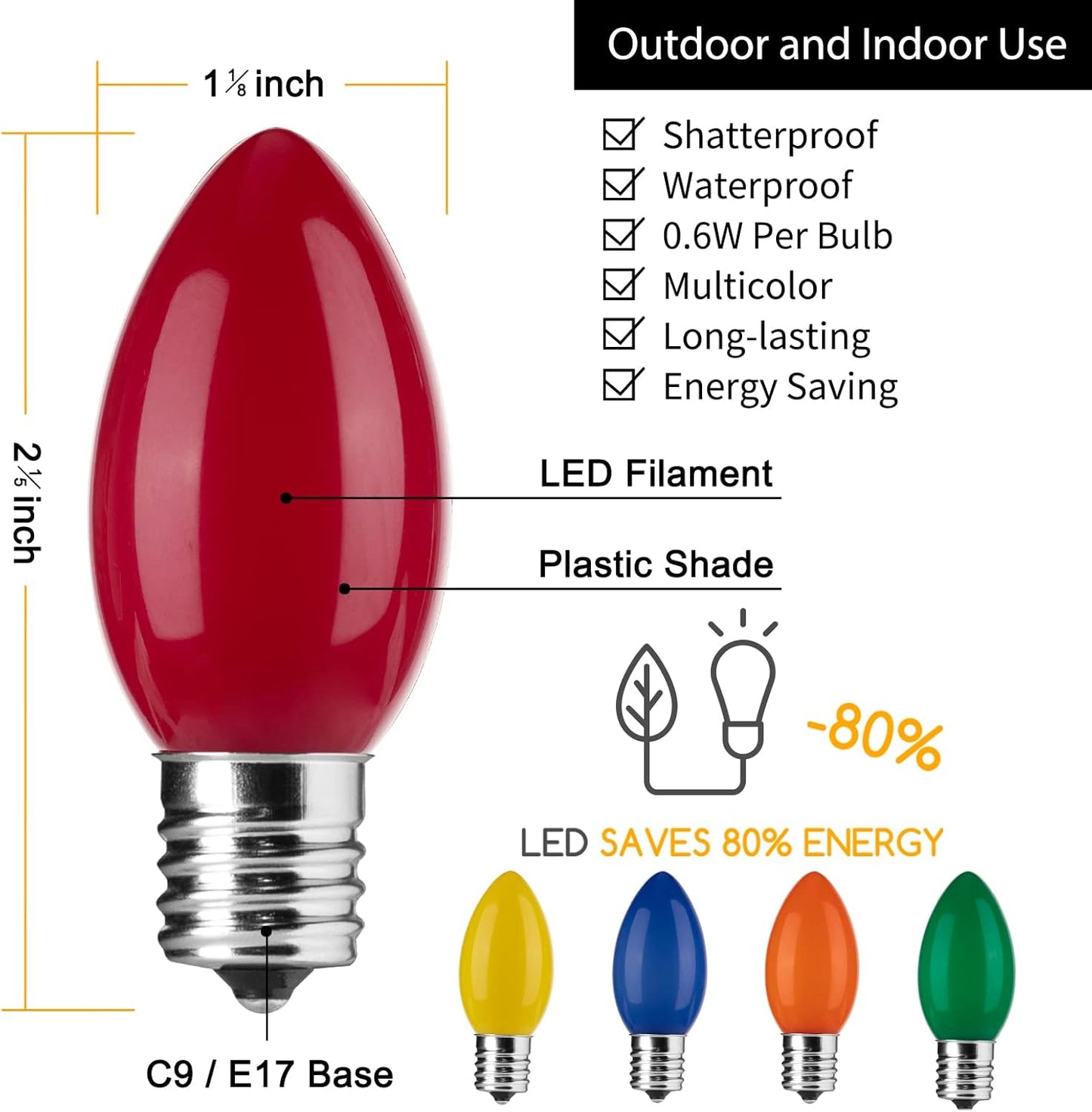 25 Pack Multicolor C9 LED Christmas Light Bulbs - Shatterproof Replacement for String Lights - Commercial Grade Dimmable Bulbs