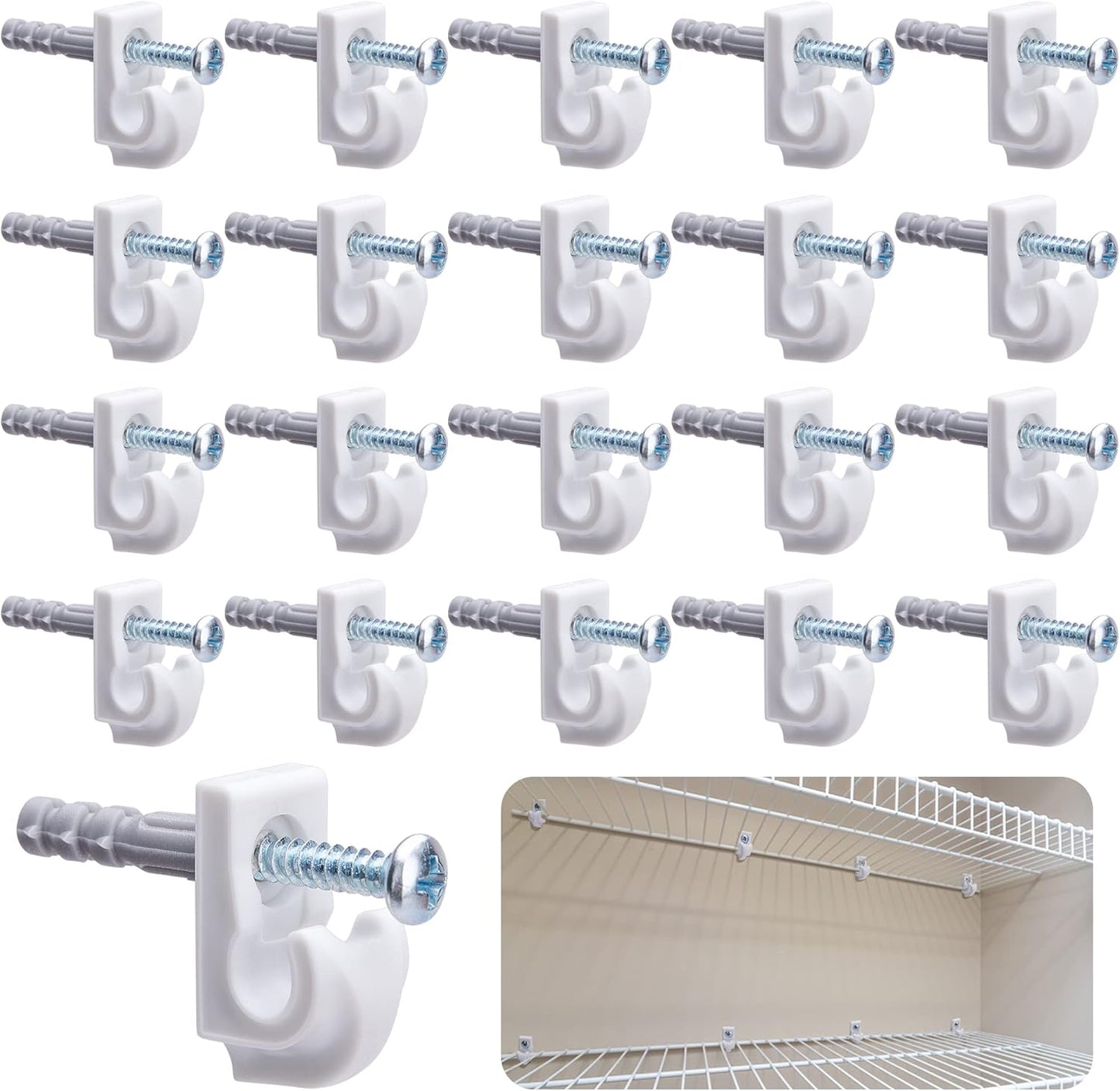 25 Pack White Down Wall Clips for Wire Shelf Brackets - Closet Maid Support Brackets - Plastic Closet Shelves Clips with Screws and Expansion Tubes - WildKart