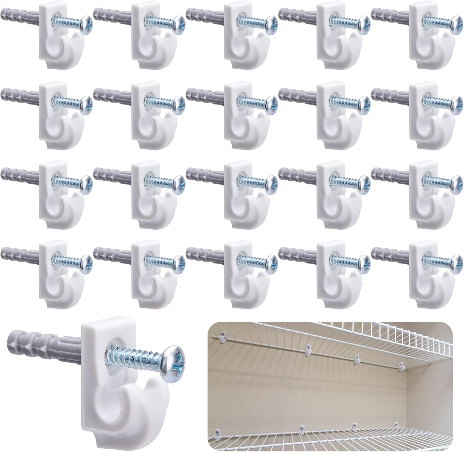 25 Pack White Down Wall Clips for Wire Shelf Brackets - Closet Maid Support Brackets - Plastic Closet Shelves Clips with Screws and Expansion Tubes - WildKart