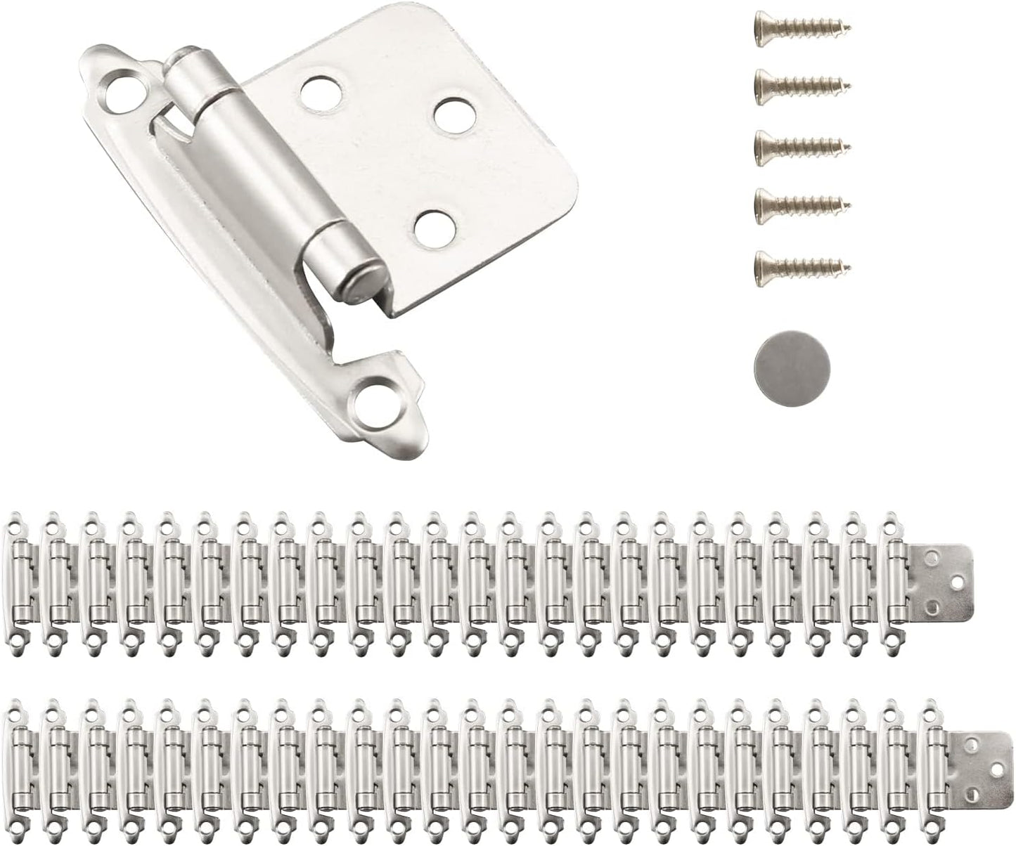25 Pairs of 1/2" Self Closing Overlay Cabinet Door Hinges - Semi-Concealed Flush Mount Satin Nickel Hinges for Kitchen Cabinets by Home Master Hardware
