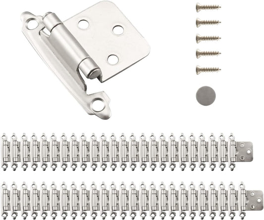 25 Pairs of 1/2" Self Closing Overlay Cabinet Door Hinges - Semi-Concealed Flush Mount Satin Nickel Hinges for Kitchen Cabinets by Home Master Hardware