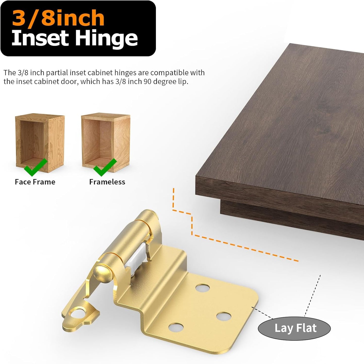 25 Pairs of Chibery 3/8 Inch Self Closing Flush Face Mount Cabinet Hinges with Door Bumper - Brass Gold Hardware for Kitchen, Bathroom, Furniture