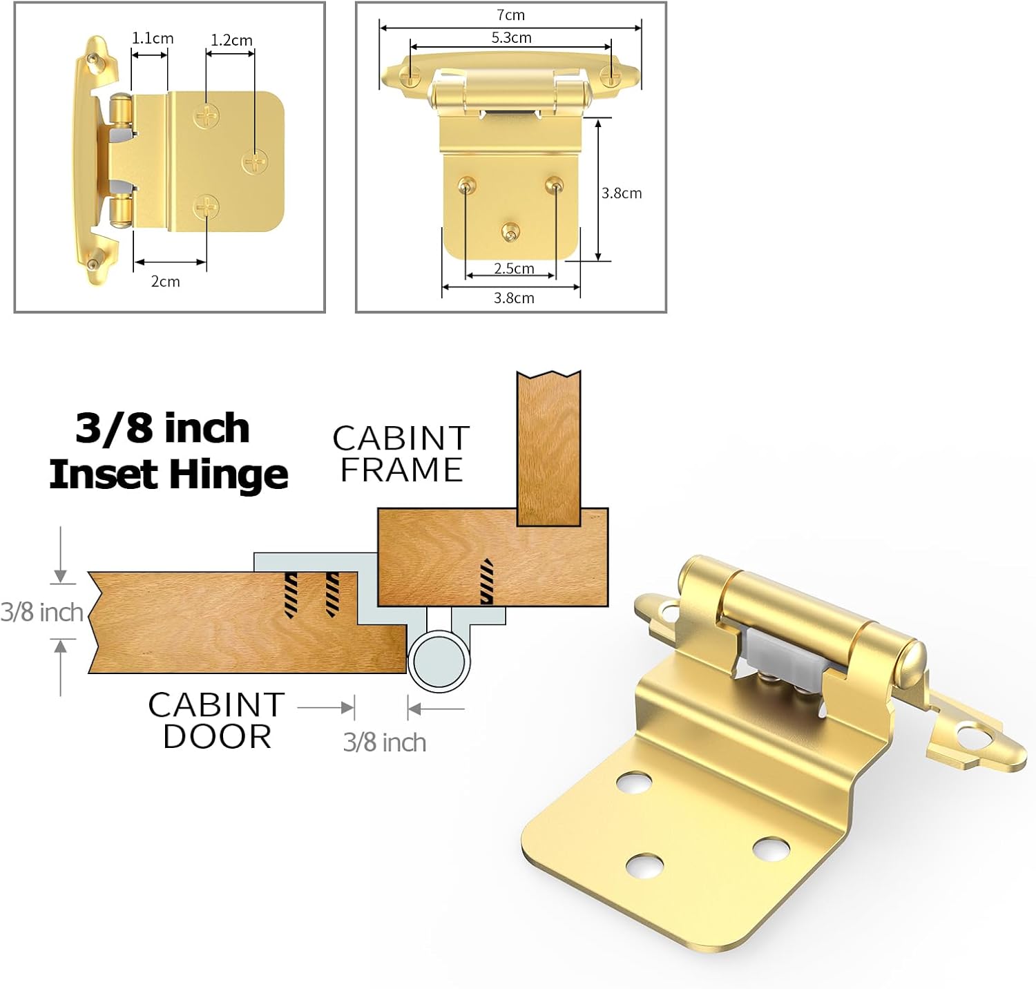 25 Pairs of Chibery 3/8 Inch Self Closing Flush Face Mount Cabinet Hinges with Door Bumper - Brass Gold Hardware for Kitchen, Bathroom, Furniture