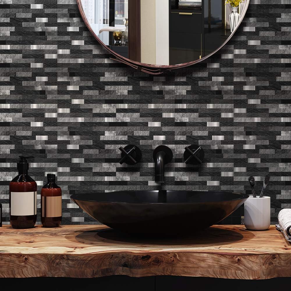 25-Piece Alwayspon Self-Adhesive Tile Transfer Decal Set - Peel & Stick Backsplash Stickers for Kitchen and Bathroom Decor - Waterproof Black Brick Metal Marble Design - 4x4 Inch