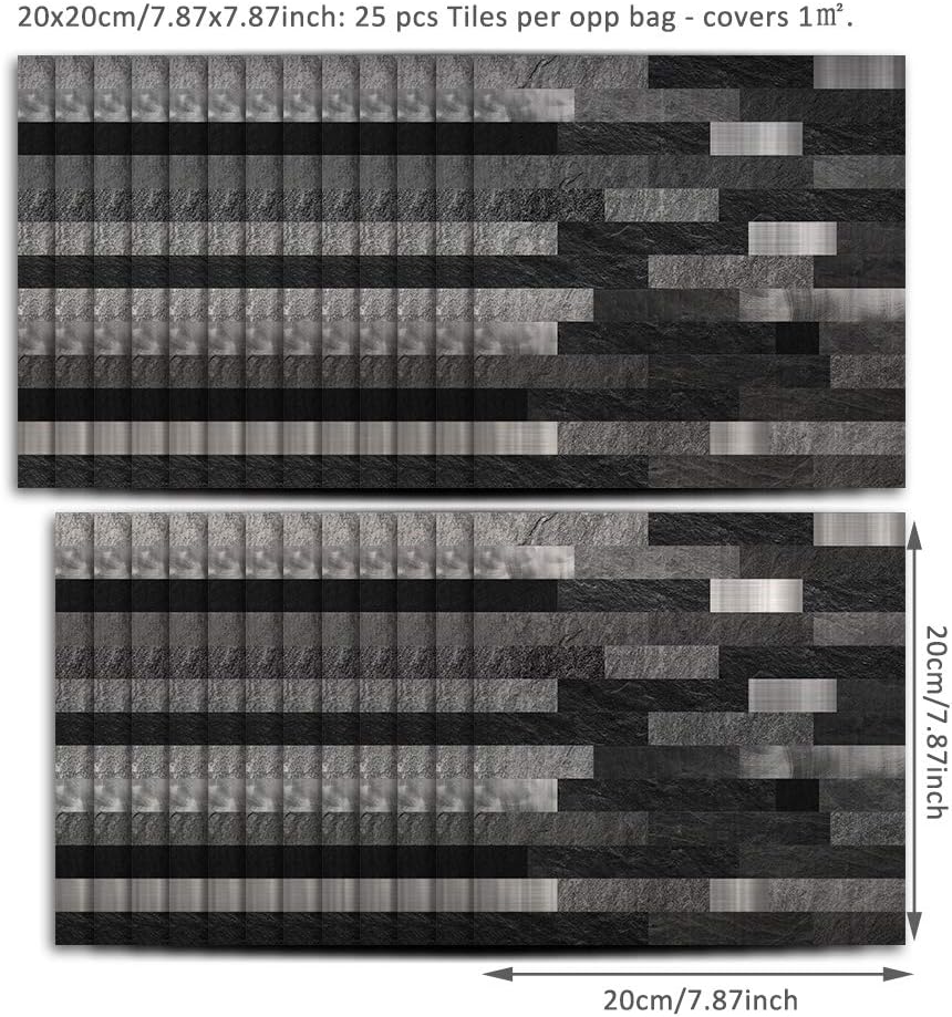 25-Piece Alwayspon Self-Adhesive Tile Transfer Decal Set - Peel & Stick Backsplash Stickers for Kitchen and Bathroom Decor - Waterproof Black Brick Metal Marble Design - 4x4 Inch