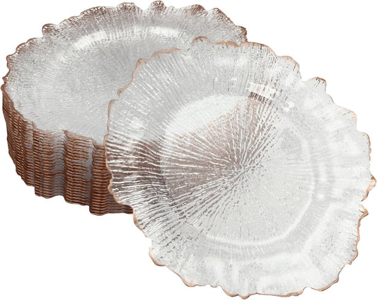 25 Piece Flower Shaped Clear Charger Plates for Weddings and Parties - 12.6inch Plastic Decorative Table Chargers with Rose Gold Rim