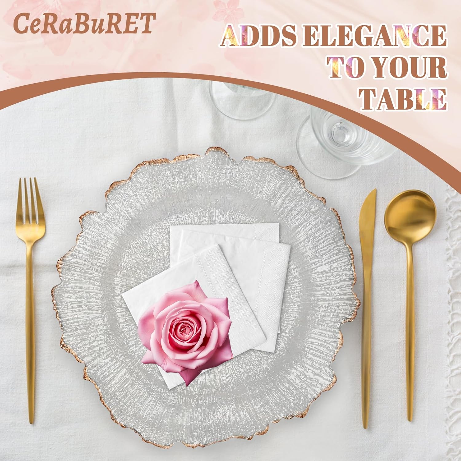 25 Piece Flower Shaped Clear Charger Plates for Weddings and Parties - 12.6inch Plastic Decorative Table Chargers with Rose Gold Rim