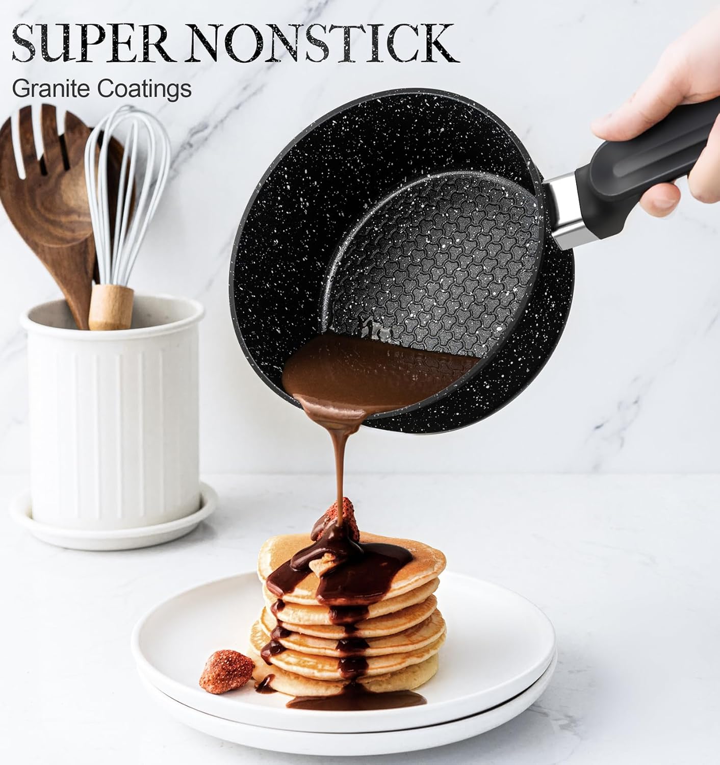 2.5 Quart MICHELANGELO Nonstick Granite Saucepan with Lid - Small Stone Pot