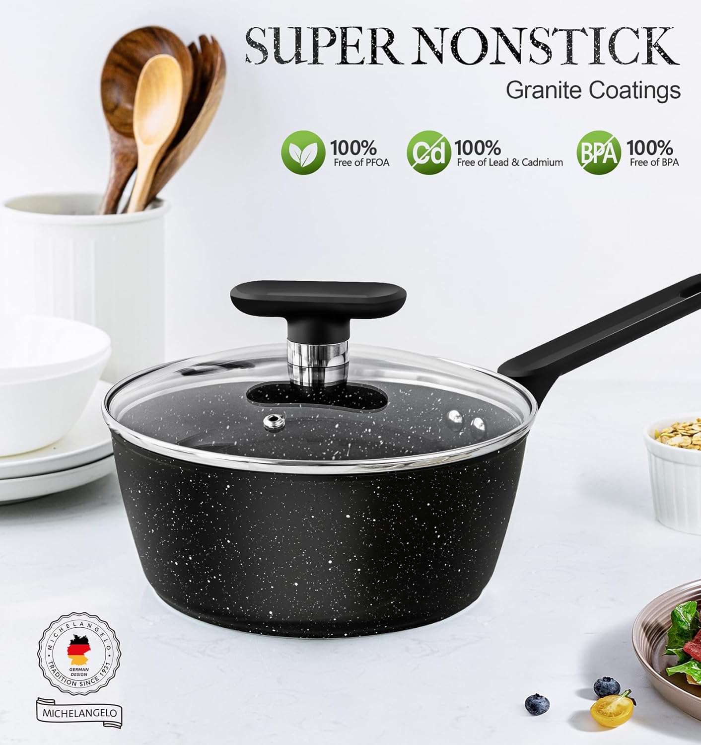 2.5 Quart MICHELANGELO Nonstick Granite Saucepan with Lid - Small Stone Pot