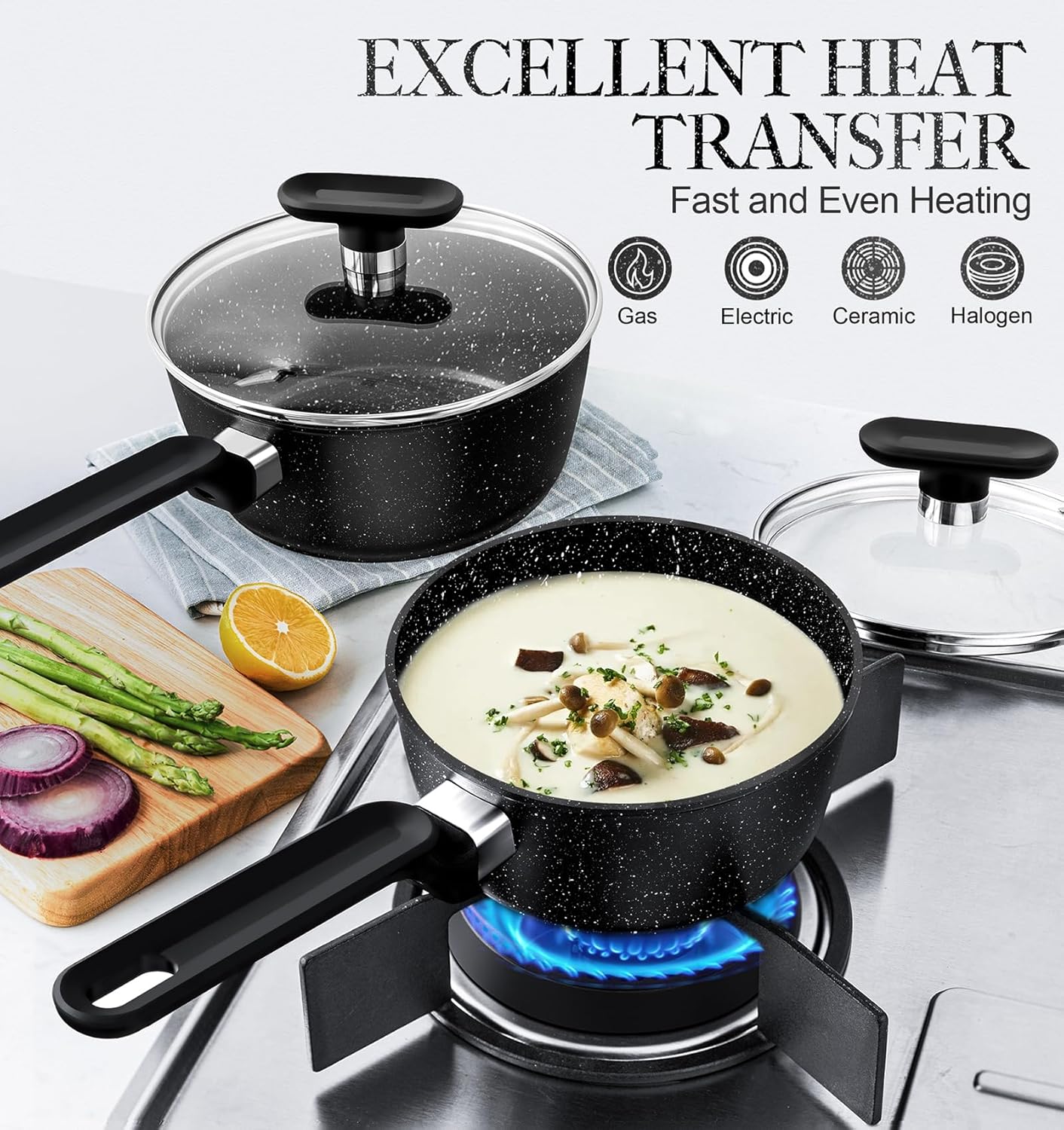 2.5 Quart MICHELANGELO Nonstick Granite Saucepan with Lid - Small Stone Pot