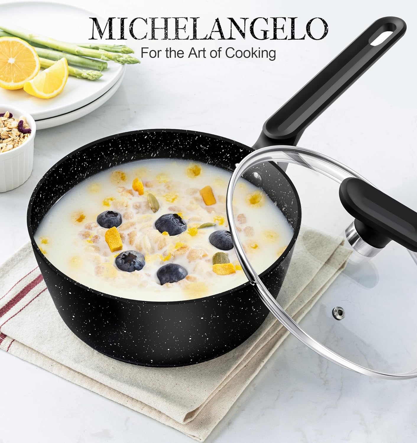 2.5 Quart MICHELANGELO Nonstick Granite Saucepan with Lid - Small Stone Pot