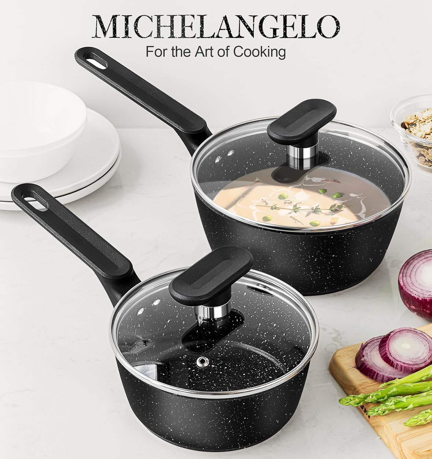 2.5 Quart MICHELANGELO Nonstick Granite Saucepan with Lid - Small Stone Pot