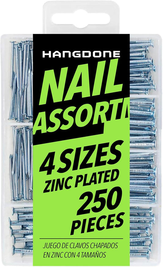 250-Piece HangDone Nail Assortment Kit with 4 Sizes - Zinc Plated Finish for Wood/Drywall