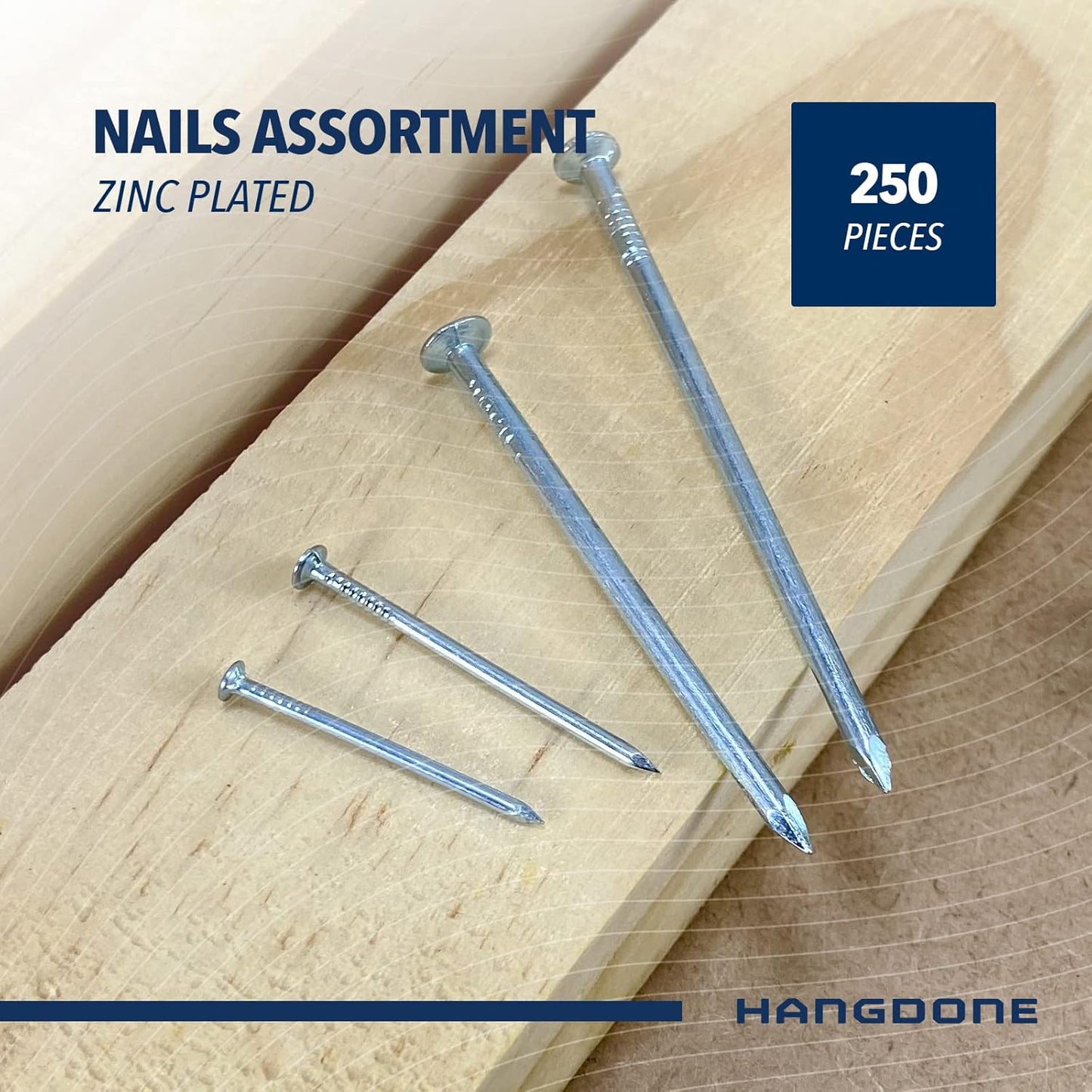 250-Piece HangDone Nail Assortment Kit with 4 Sizes - Zinc Plated Finish for Wood/Drywall