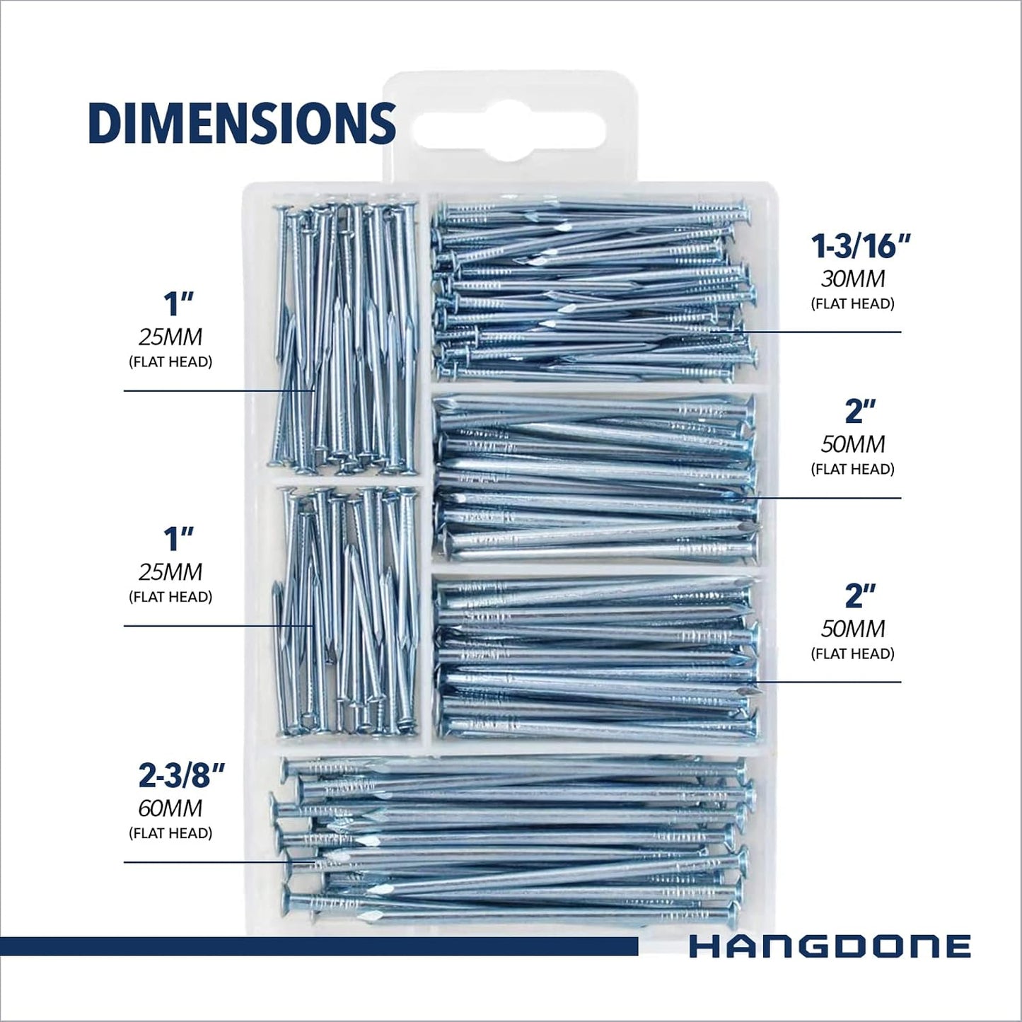 250-Piece HangDone Nail Assortment Kit with 4 Sizes - Zinc Plated Finish for Wood/Drywall
