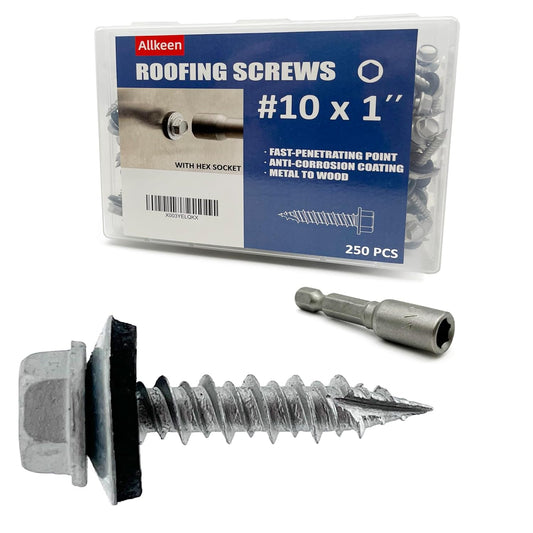 250 Pieces Allkeen #10 x 1 Hex Head Sheet Metal Roof Screws with Rustpert Coating for Metal to Wood Siding