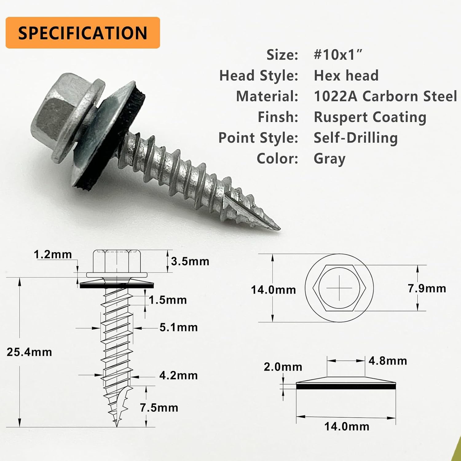 250 Pieces Allkeen #10 x 1 Hex Head Sheet Metal Roof Screws with Rustpert Coating for Metal to Wood Siding