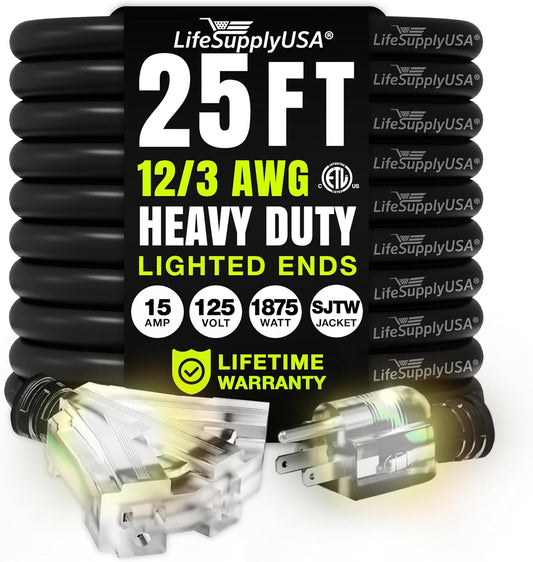 25ft Waterproof Outdoor and Indoor Extension Cord - 3 Prong, 3 Outlet, 12 Gauge, 15 AMP, 125 Volts - ETL Listed - Black