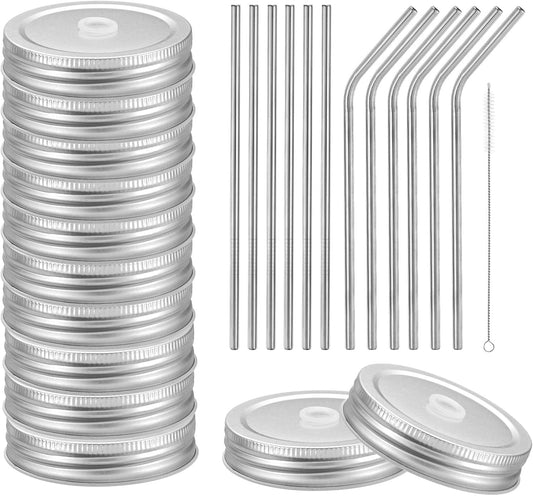 25pcs Stainless Steel Mason Jar Lids with Straw Hole - 70mm Metal Canning Storage Caps & Silicone Ring/Straws/Cleaning Brush - Silver