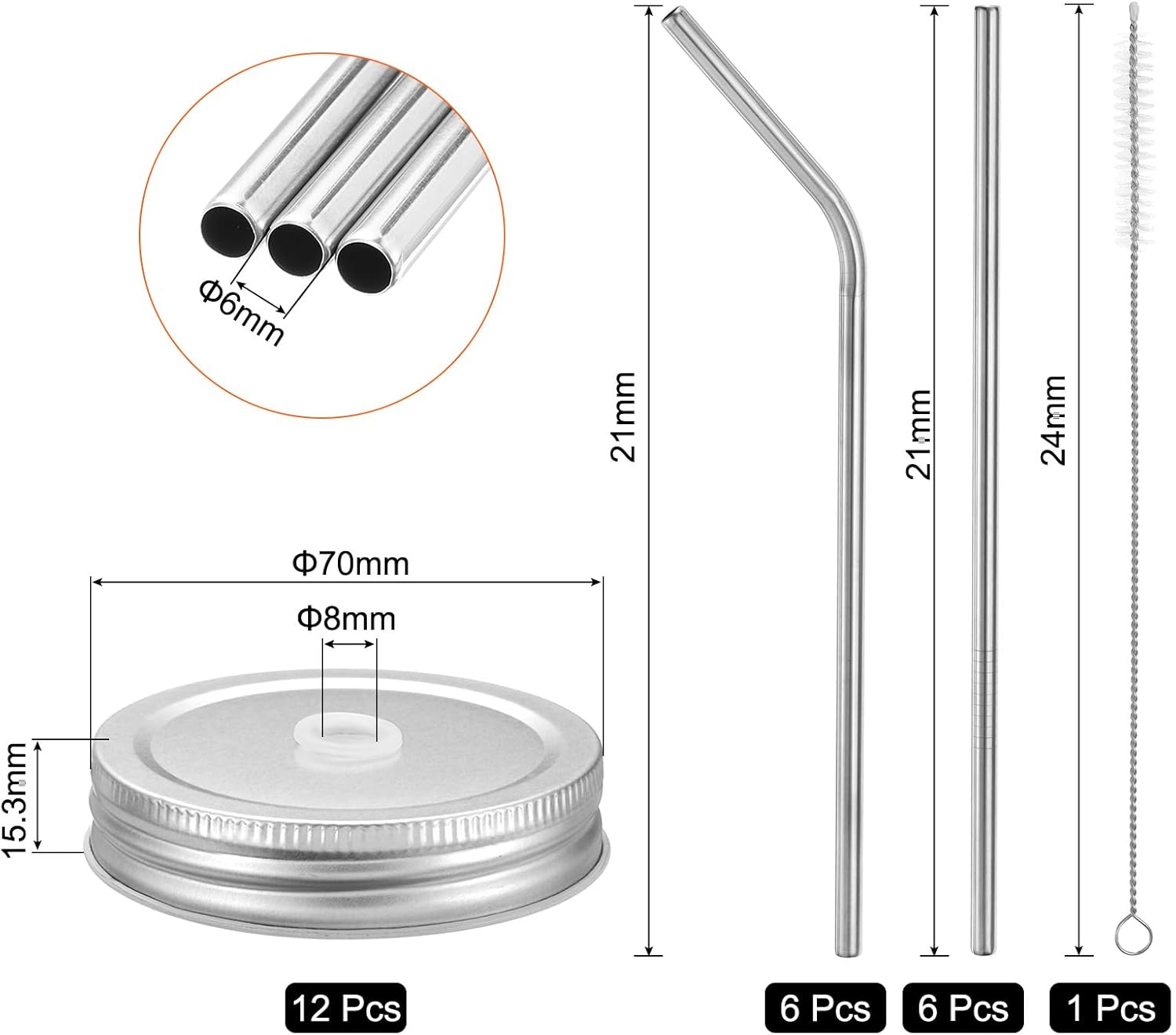 25pcs Stainless Steel Mason Jar Lids with Straw Hole - 70mm Metal Canning Storage Caps & Silicone Ring/Straws/Cleaning Brush - Silver