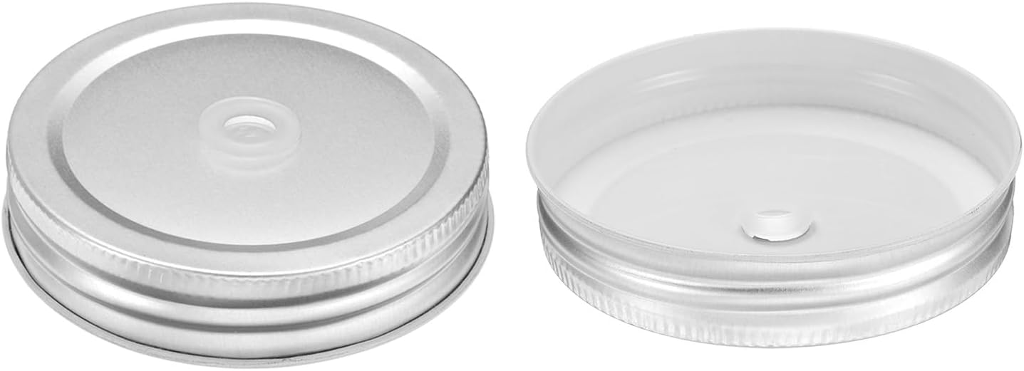 25pcs Stainless Steel Mason Jar Lids with Straw Hole - 70mm Metal Canning Storage Caps & Silicone Ring/Straws/Cleaning Brush - Silver