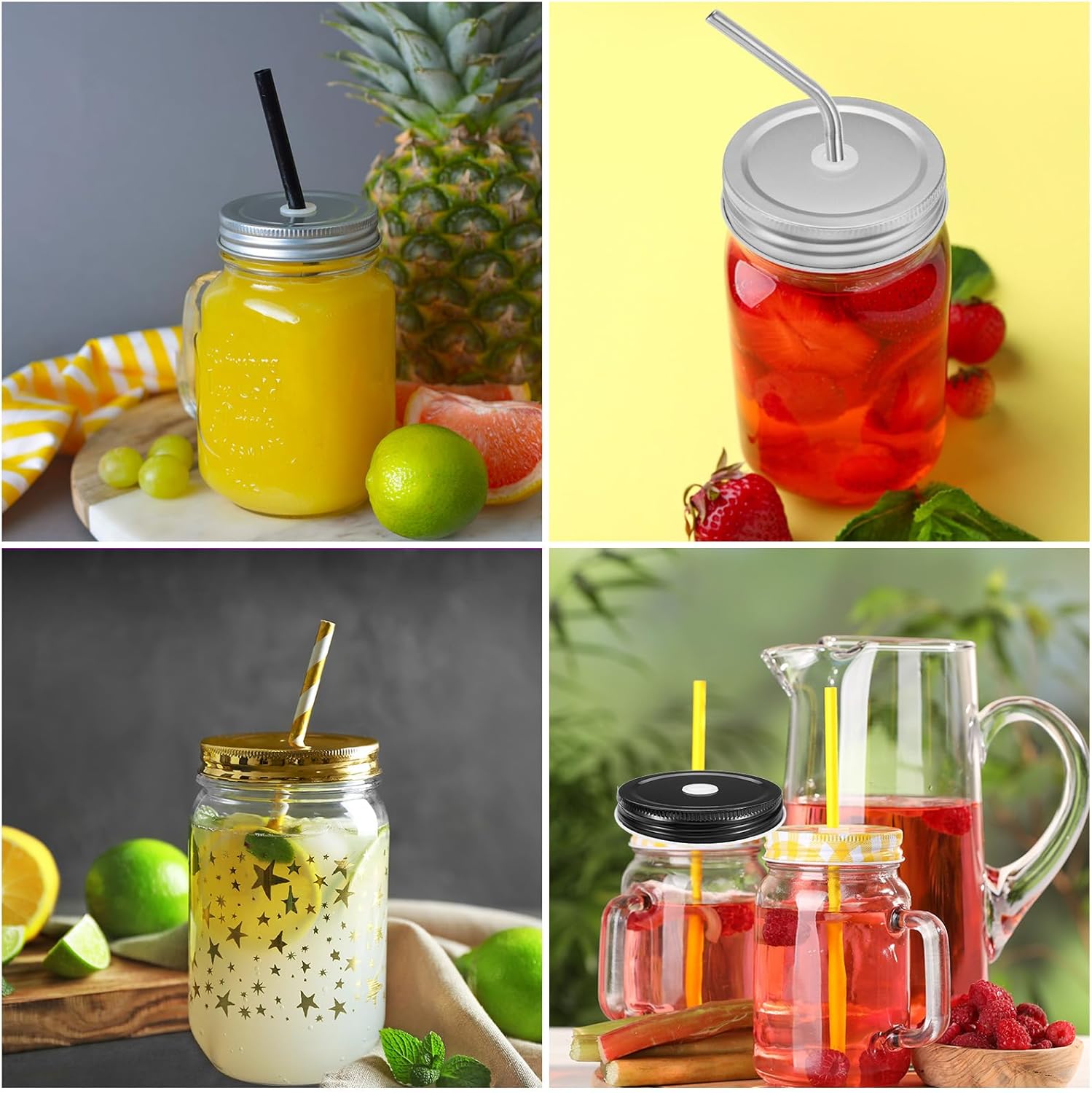 25pcs Stainless Steel Mason Jar Lids with Straw Hole - 70mm Metal Canning Storage Caps & Silicone Ring/Straws/Cleaning Brush - Silver