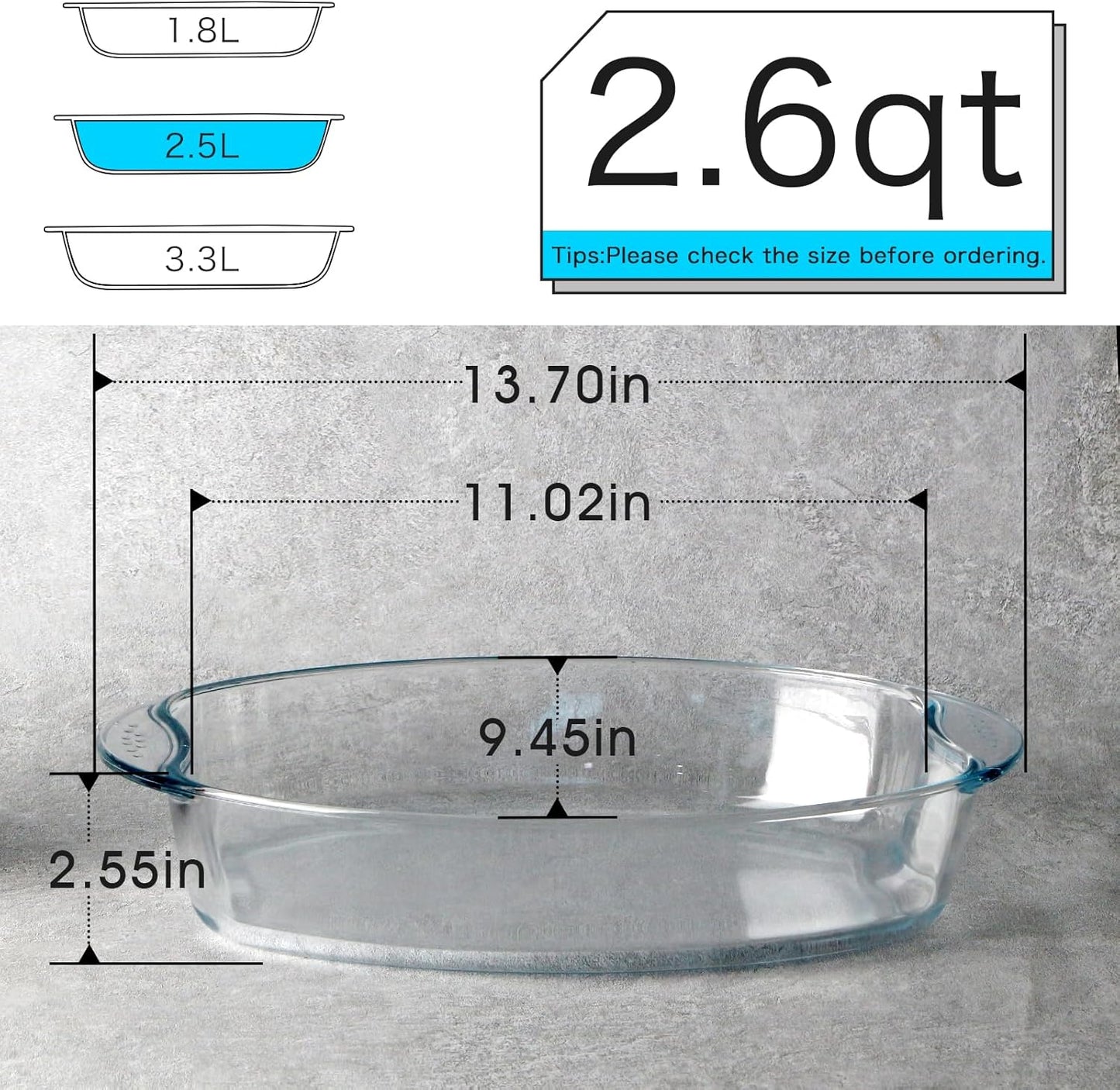 2.6 Quart Oval Tempered Glass Baking Dish for Oven Cooking