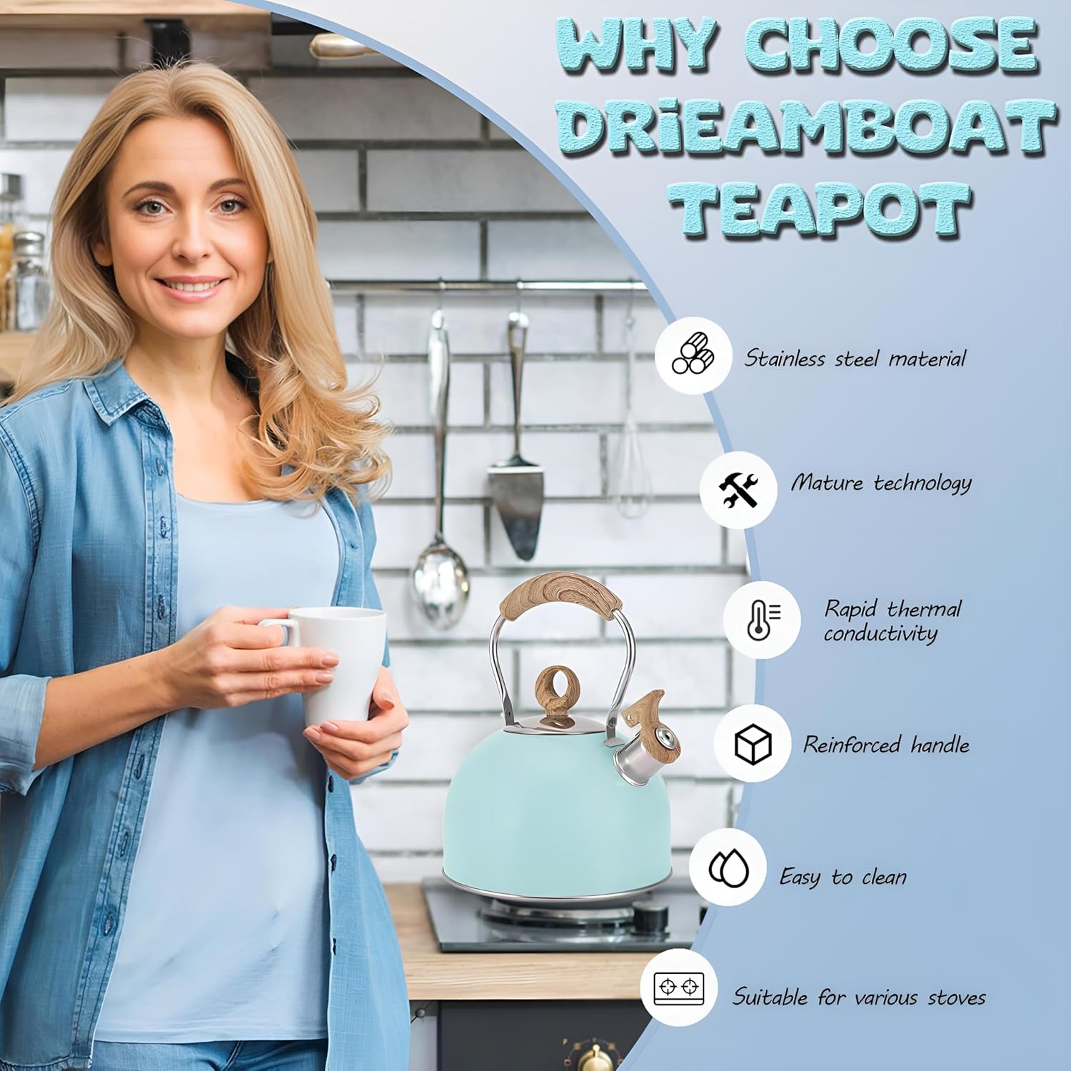 2.6 Quart Stainless Steel Tea Kettle with Whistling Spout and Folding Handle for Camping and Stove Top
