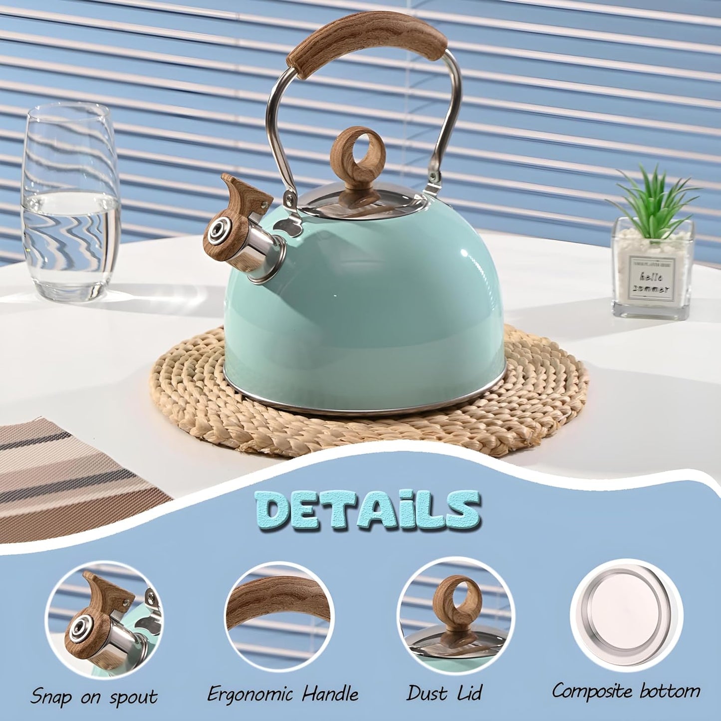 2.6 Quart Stainless Steel Tea Kettle with Whistling Spout and Folding Handle for Camping and Stove Top