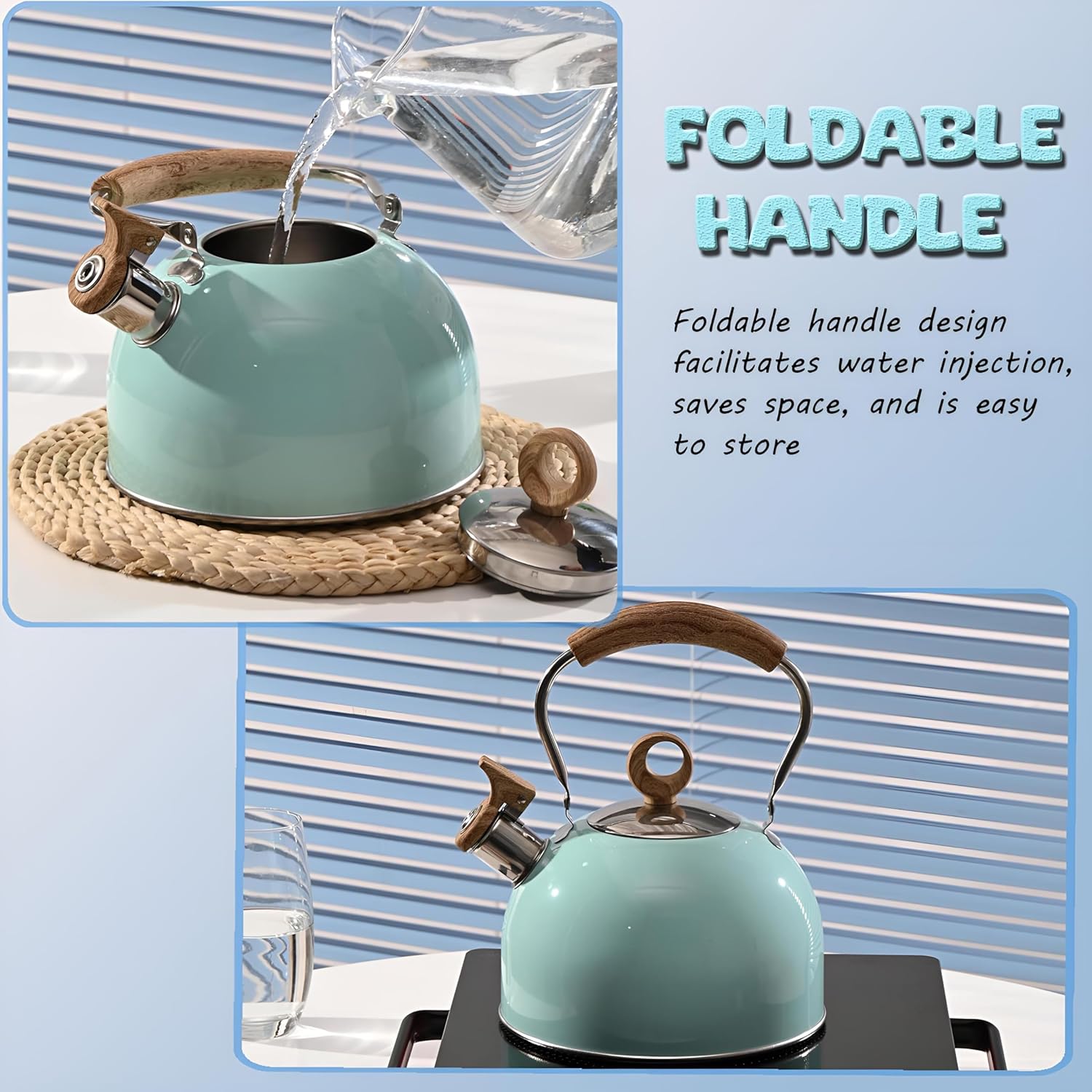 2.6 Quart Stainless Steel Tea Kettle with Whistling Spout and Folding Handle for Camping and Stove Top