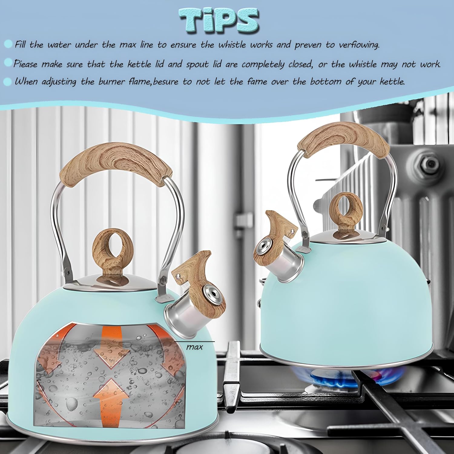 2.6 Quart Stainless Steel Tea Kettle with Whistling Spout and Folding Handle for Camping and Stove Top