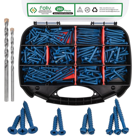 260PCS Concrete Screws Assortment Kit with Drill Bit, Flat & Hex Head Masonry Anchors, Diamond Point, Length 1-1/4” to 2-1/4”