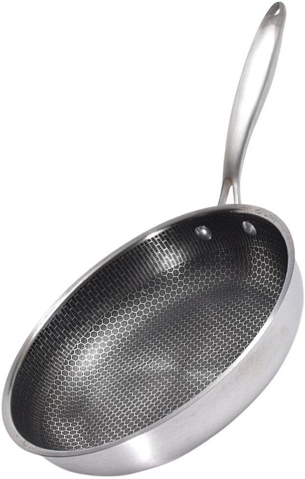 26cm Stainless Steel Frying Pan with Lid, Nonstick Honeycomb Skillet Wok - Kitchen Cookware