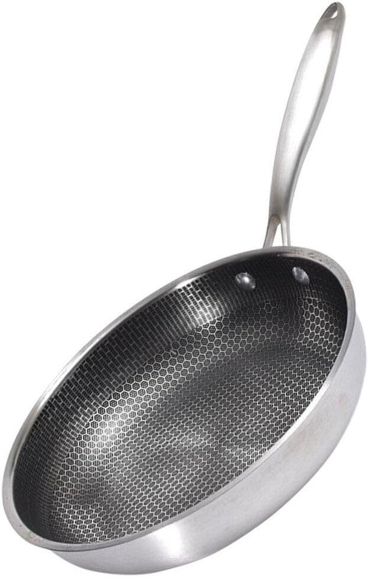 26cm Stainless Steel Frying Pan with Lid, Nonstick Honeycomb Skillet Wok - Kitchen Cookware