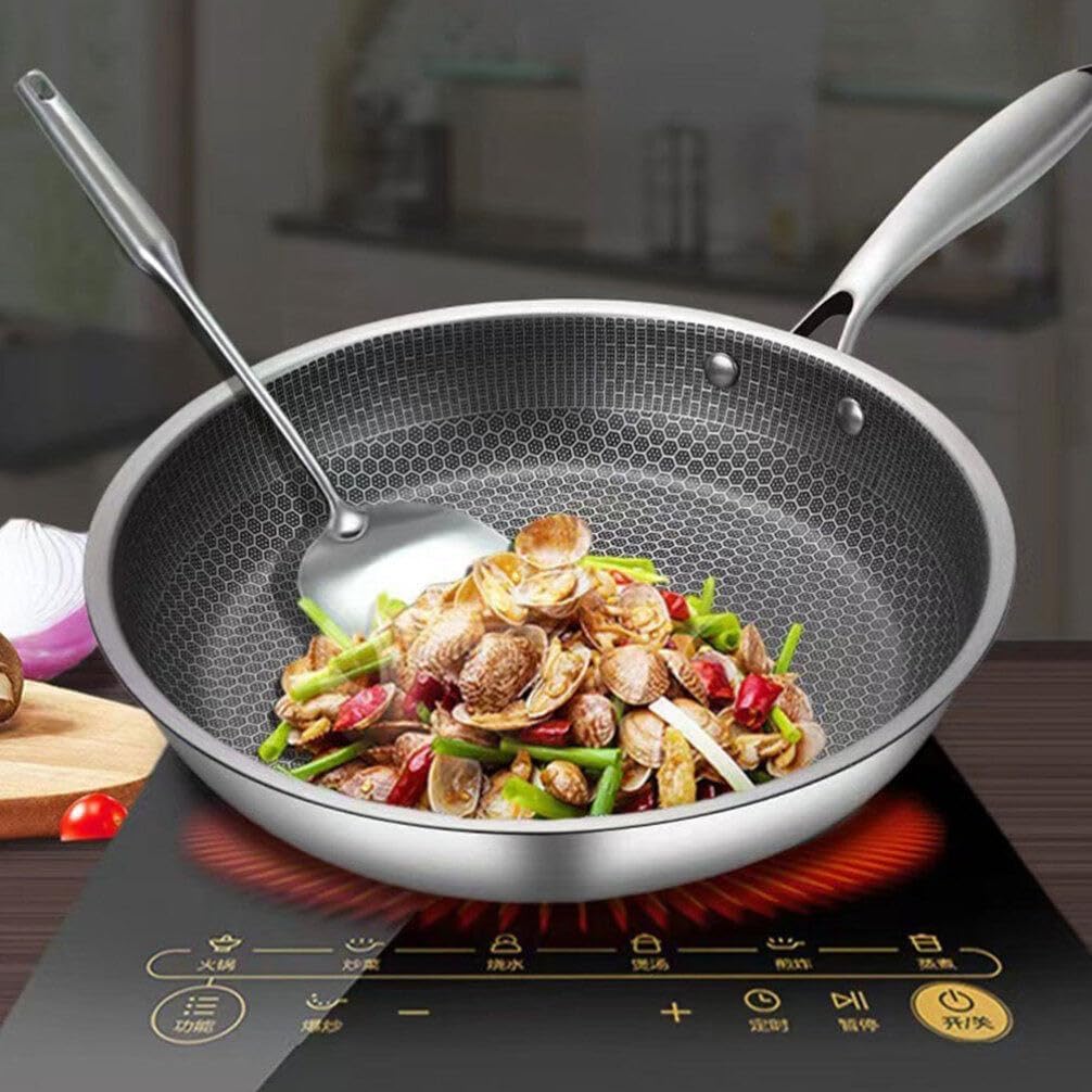 26cm Stainless Steel Frying Pan with Lid, Nonstick Honeycomb Skillet Wok - Kitchen Cookware