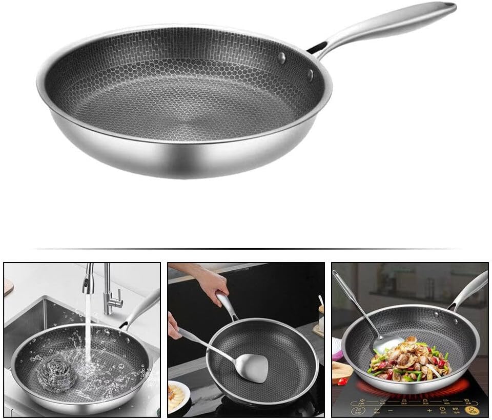 26cm Stainless Steel Frying Pan with Lid, Nonstick Honeycomb Skillet Wok - Kitchen Cookware