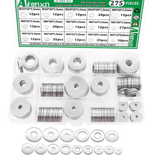 275PCS Stainless Steel Fender Washer Assortment Kit - 15 Metric Sizes for Bolts & Screws, Ideal for Home & Industrial Use