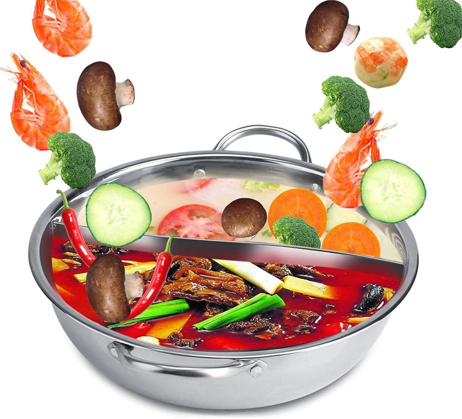 27cm Stainless Steel Hot Pot with Divider, Thick Nonstick Coating, Two Flavor Soup Pot with Hollow Handle - Compatible with Induction Cooker, Gas Furnace, and Log Fire