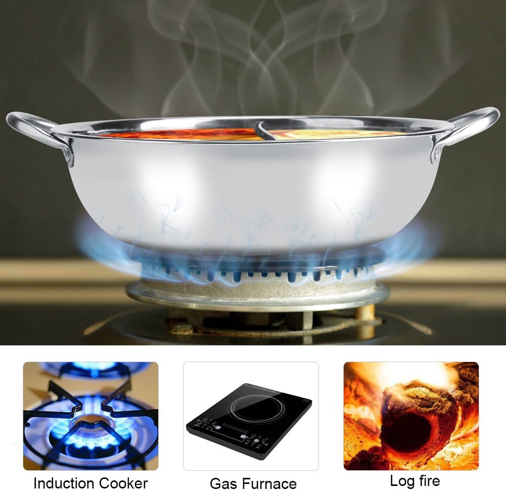 27cm Stainless Steel Hot Pot with Divider, Thick Nonstick Coating, Two Flavor Soup Pot with Hollow Handle - Compatible with Induction Cooker, Gas Furnace, and Log Fire