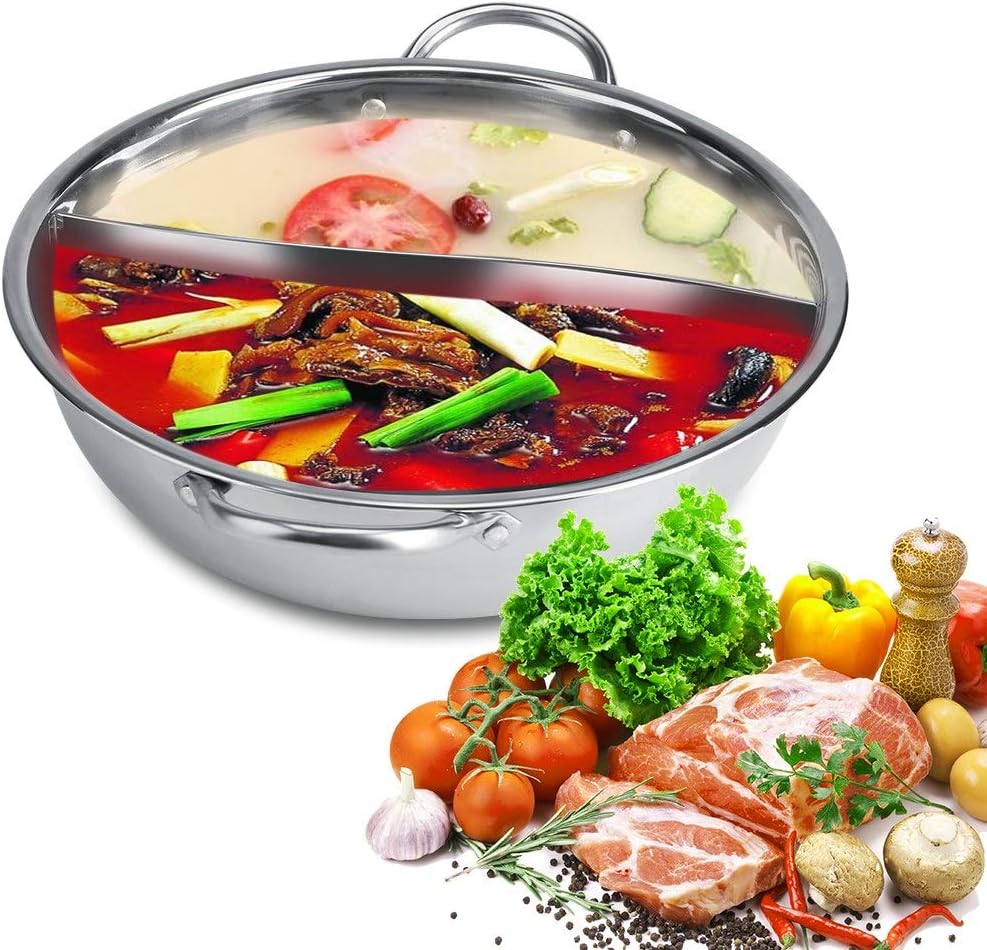 27cm Stainless Steel Hot Pot with Divider, Thick Nonstick Coating, Two Flavor Soup Pot with Hollow Handle - Compatible with Induction Cooker, Gas Furnace, and Log Fire