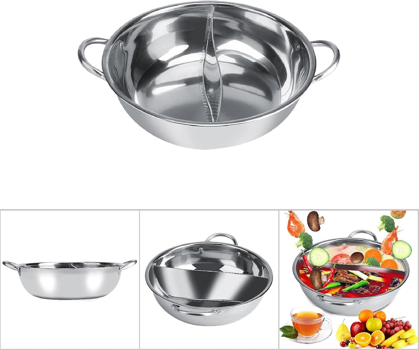27cm Stainless Steel Hot Pot with Divider, Thick Nonstick Coating, Two Flavor Soup Pot with Hollow Handle - Compatible with Induction Cooker, Gas Furnace, and Log Fire